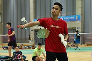 Anthony Sinisuka Ginting (Indonesia) saat melakukan sesi latihan.