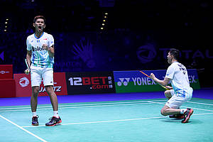 Selebrasi kemenangan Fajar Alfian/Muhammad Rian Ardianto (Indonesia).