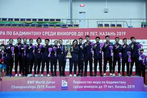 Tim junior Indonesia saat merebut Piala Suhandinata pada World Junior Championships 2019 di Kazan, Rusia.