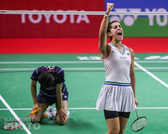 Selebrasi kemenangan Carolina Marin (Spanyol). (Copyright: Badmintonphoto | Courtesy of BWF)