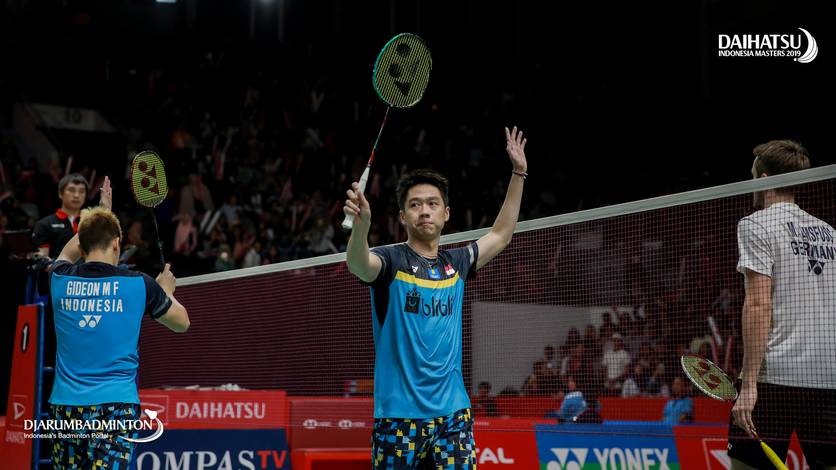 Kevin Sanjaya Sukamuljo/Marcus Fernaldi Gideon saat tampil di Daihatsu Indonesia Masters 2019 BWF WOrld Tour Super 500.