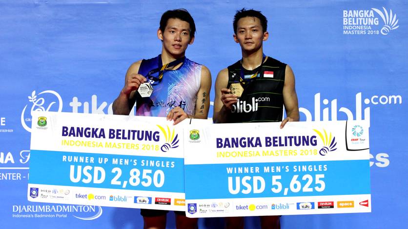 Ihsan Maulana Mustofa (INA) meraih juara tunggal putra Bangka Belitung Indonesia Masters 2018 BWF Tour Super 100.