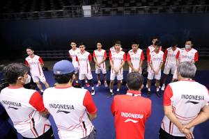 Tim putra Indonesia dalam sesi latihan di Impact Arena, Bangkok, jelang Piala Thomas 2022 (Humas PP PBSI)