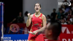 Selebrasi kemenangan Carolina Marin (Spanyol).
