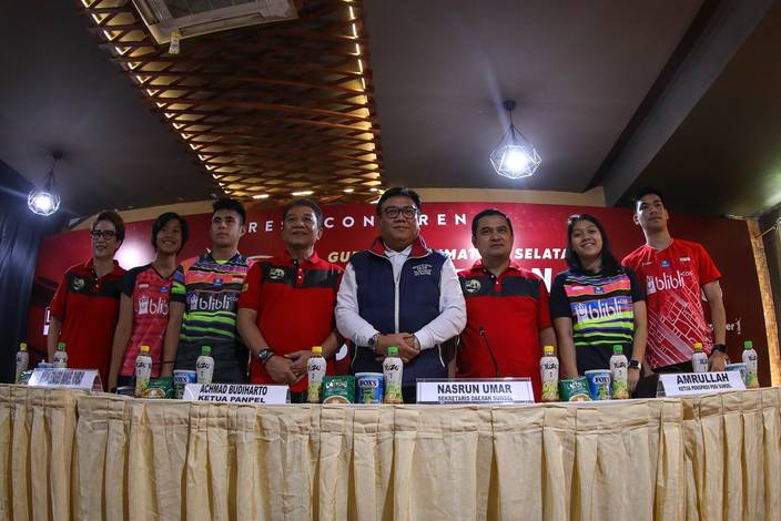 Para pembicara konfrensi pers Gubernur Sumatera Selatan Kejuaraan Nasional PBSI 2019.