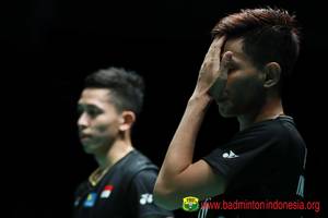 Ekspresi kekecewaan Fajar Alfian/Muhammad Rian Ardianto (Indonesia) saat kalah di semifinal Malaysia Masters 2019 BWF World Tour Super 750.