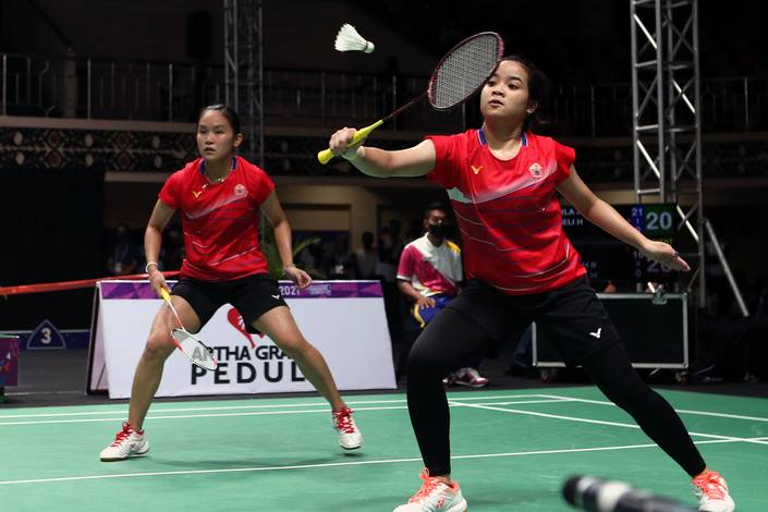 Pasangan DKI Jakarta Ruseli Hartawan/Nahlia Aufa, saat berlaga di semifinal beregu putri PON Papua 2021 (PON PAPUA 2021/Hadi Abdulloh) Pasangan DKI Jakarta Ruseli Hartawan/Nahlia Aufa, saat berlaga di semifinal beregu putri PON Papua 2021 (PON PAPUA 2021/Hadi Abdulloh)
