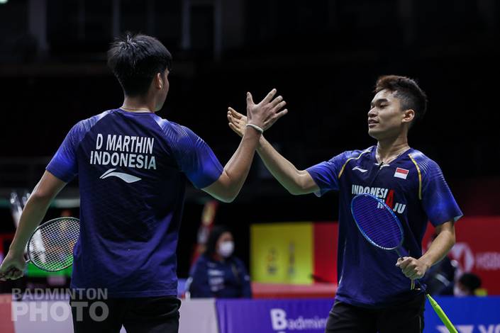 Selebrasi kemenangan Daniel Marthin/Leo Rolly Carnando. (Copyright: Badmintonphoto | Courtesy of BWF) Selebrasi kemenangan Daniel Marthin/Leo Rolly Carnando. (Copyright: Badmintonphoto | Courtesy of BWF)