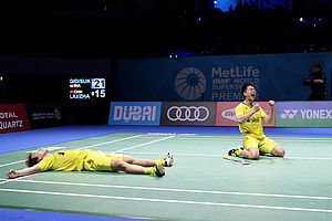 Selebrasi Kevin Sanjaya/Marcus F. Gideon Saat Menjuarai Dubai Superseries Finals 2017 Beberapa Waktu Lalu. (Foto: PBSI)