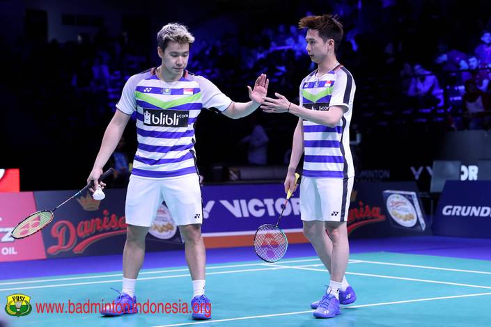 Kevin Sanjaya Sukamuljo/Marcus Fernaldi Gideon saat tampil di Kejuaraan Denmark Open 2018 BWF World Tour Super 750. Kevin Sanjaya Sukamuljo/Marcus Fernaldi Gideon saat tampil di Kejuaraan Denmark Open 2018 BWF World Tour Super 750.