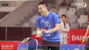 Aaron Chia (Malaysia) saat menjalani sesi latihan di Istora Senayan, Jakarta.