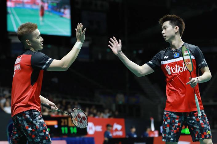 Selebrasi kemenangan Kevin Sanjaya Sukamuljo/Marcus Fernaldi Gideon (Indonesia). Selebrasi kemenangan Kevin Sanjaya Sukamuljo/Marcus Fernaldi Gideon (Indonesia).